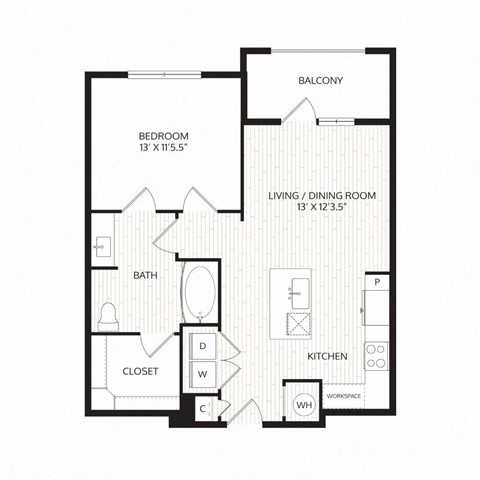 Floor plan for 1 bed, 1 bath, 717 sqft